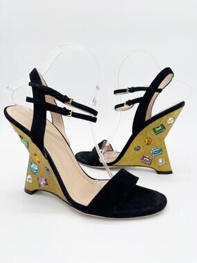 Gucci Engel Black Suede Swarovski Crystal Sculptural Wedge Sandals IT 39